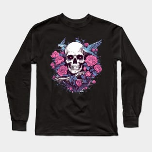 Skull with Flowers and Birds Long Sleeve T-Shirt